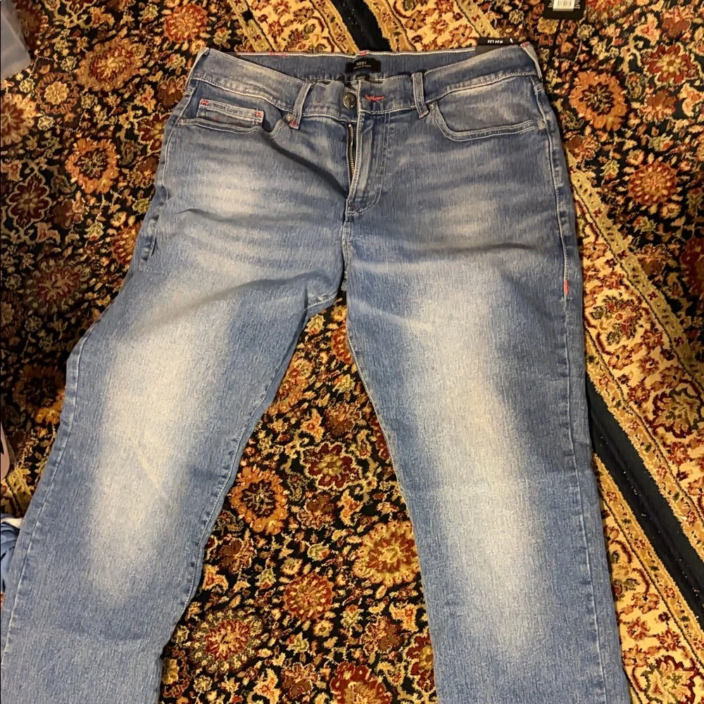 True Religion Men’s Ricky Relaxed Jeans in Light Blue with Red Stitching